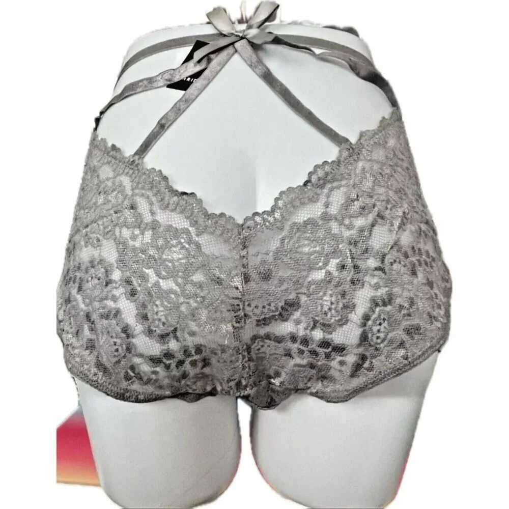 Torrid + 4 Ash Gray Filigree Lace Caged Bow Detail Back Mid-Rise Hipster Panties